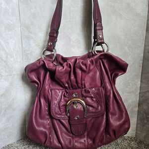 B. Makowsky Purple Shoulder Bag with Slouchy Design and Antique Hardware